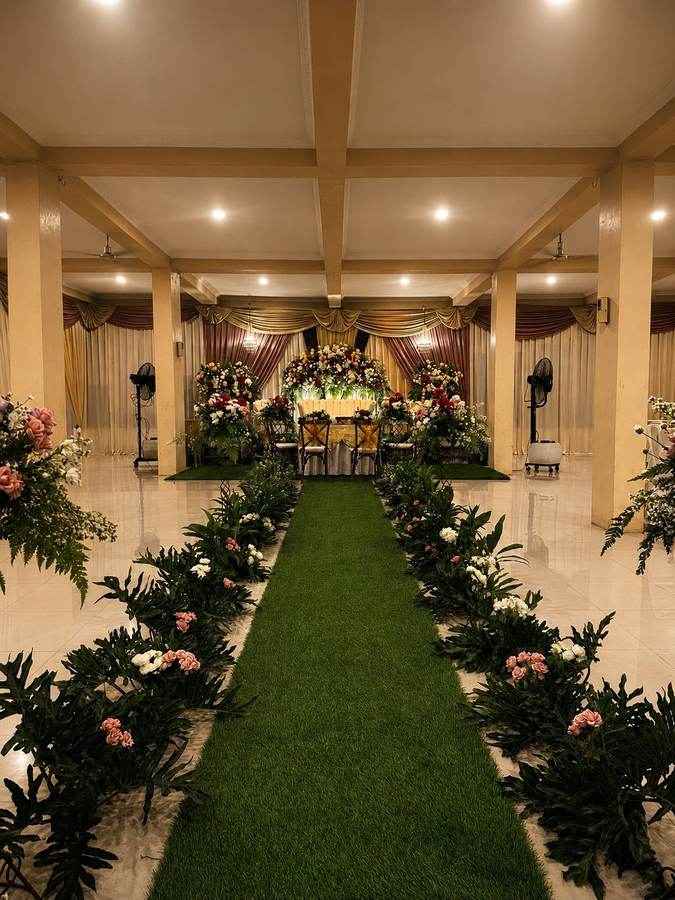 Lorong simetris menuju pelaminan dengan rangkaian bunga di kedua sisi